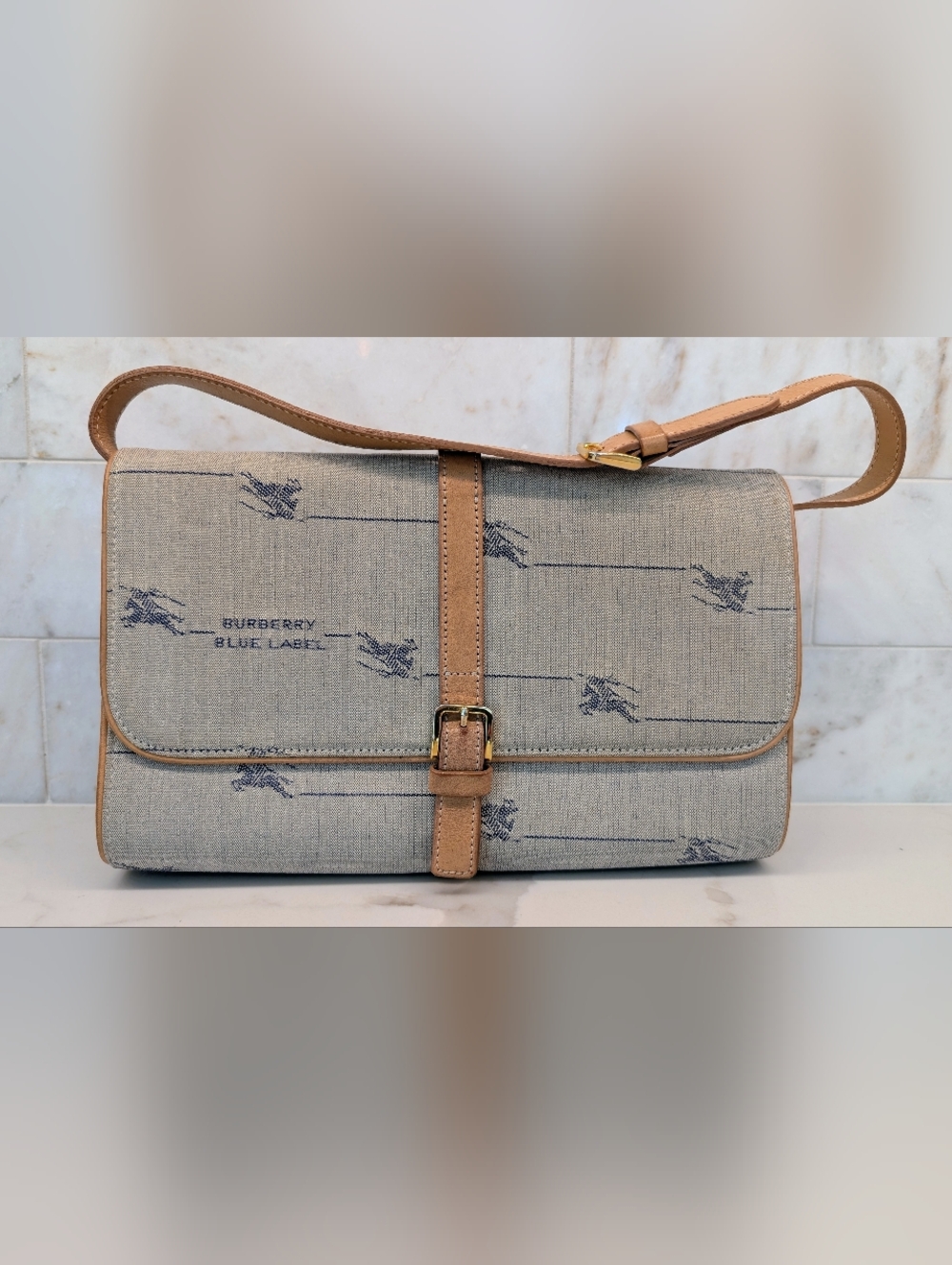 Burberry Blue Label Canvas Shoulder Bag with Tan Leather